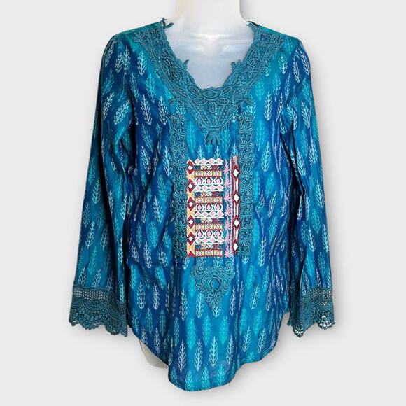 SUNDANCE Teal Embroidered Cotton Silk Blouse Size XS Long Sleeve Crochet Trim - Picture 2 of 7